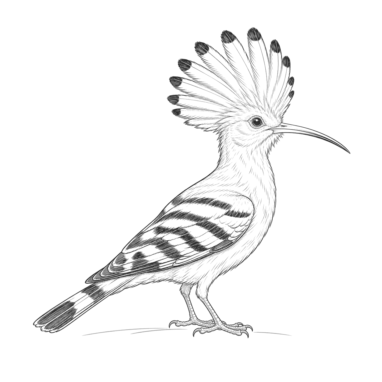 Line illustration of a Eurasian hoopoe