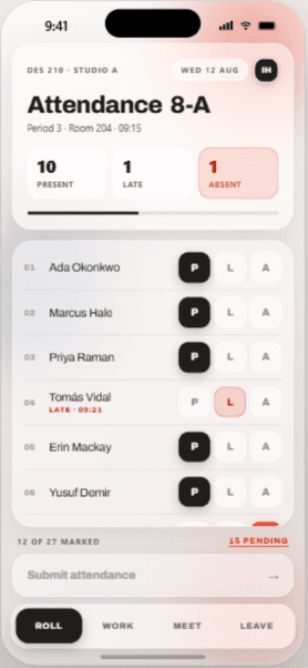 Hoopoe app attendance roll call — marking students Present, Late or Absent