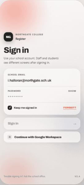 Hoopoe app sign-in screen — signing in with a school email or Google Workspace